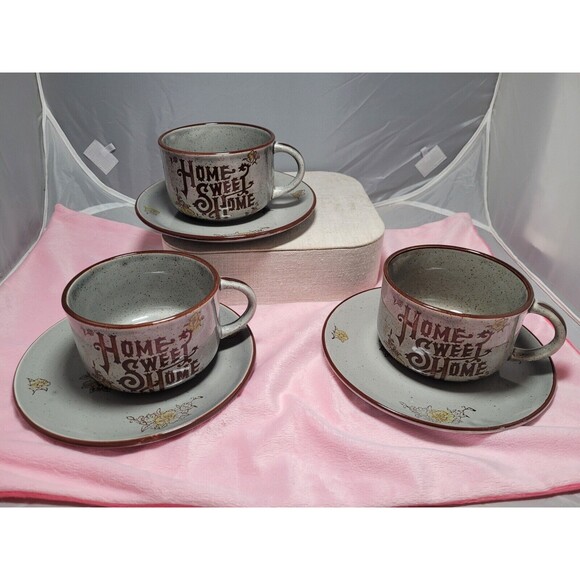 Home Sweet Home Speckled Mug Vintage 20 oz Set of 3 Plates JapanBrown Gray
